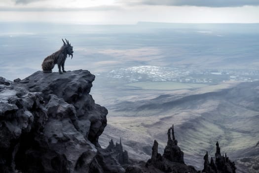 A creature from Greek mythology, the chimera is a monstrous beast with the head of a lion, the body of a goat, and the tail of a serpent. In this dramatic scene, the chimera perches on a rocky outcropping overlooking a volcanic landscape, creating a terrifying and epic display of power and destruction. (generative AI)