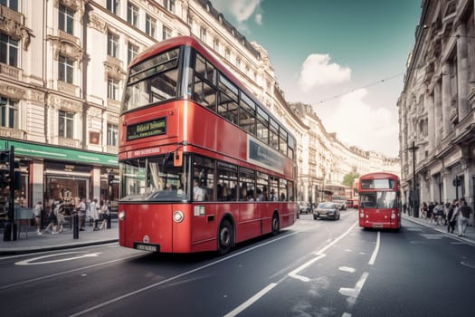 An iconic classic double-decker bus makes its way through a bustling city street, surrounded by towering buildings and the hustle and bustle of urban life. The vintage charm of the bus contrasts beautifully with the modern cityscape, creating a unique and memorable scene. (generative AI)