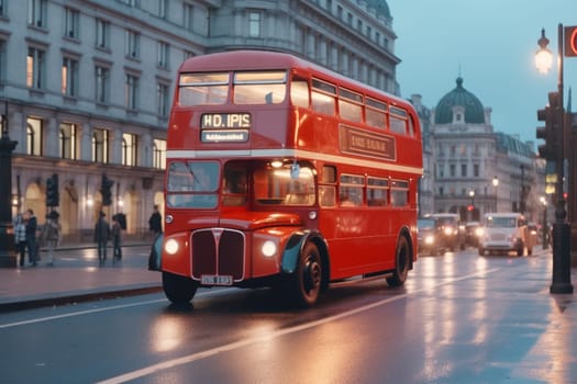 A classic red double-decker bus makes its way through the bustling streets of London, its iconic design and charming character a favorite of both locals and tourists. The bus's open top offers a unique view of the city's historic landmarks, making it a fun and practical mode of transportation. (generative AI)