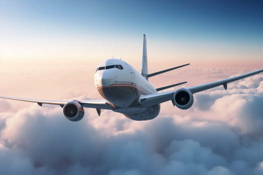 A majestic commercial airliner flies high above the clouds, its massive engines roaring with power as it carries its passengers to destinations around the world. Inside, the cabin is comfortable and modern, with all the amenities passengers need for a stress-free flight. (generative AI)