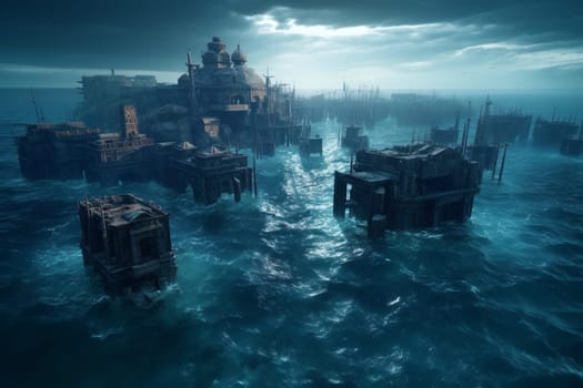 This city was built on the ocean and like its origin from the ruins of an ancient civilization it has a mysterious and moody atmosphere. The photorealistic style of this black and white scene, featuring dramatic lighting and sharp focus, adds a sense of rawness and grandeur to its haunting appearance. (generative AI)