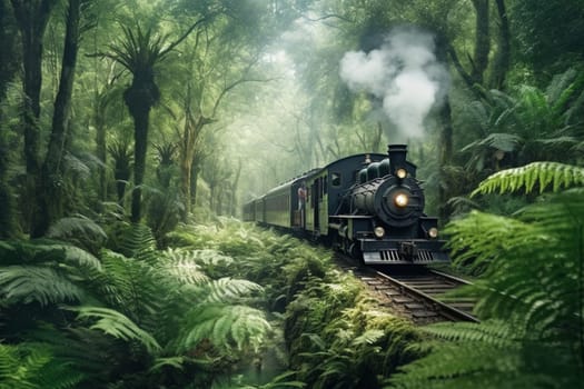 A historic steam train chugs along a meandering track through a verdant forest, its old-fashioned design and comforting rhythm exuding a sense of nostalgia and comfort. The train's whistle echoes through the trees as it makes its way through the peaceful countryside. (generative AI)