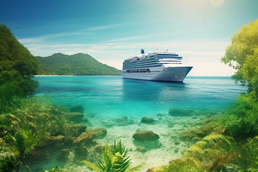 A luxurious and sprawling cruise ship sails gracefully through a sparkling blue tropical sea, its passengers enjoying the warm sun and idyllic scenery. The ship offers a relaxing and indulgent vacation experience, with amenities such as gourmet dining, spa services, and endless entertainment options. (generative AI)