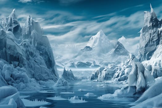 Brave the frigid waters of this starkly beautiful seascape, where towering icebergs and frozen waterfalls glitter in the sunlight. The air is thick with the sound of shifting ice and the crackle of frost crystals, creating a surreal and otherworldly frozen landscape. (generative AI)