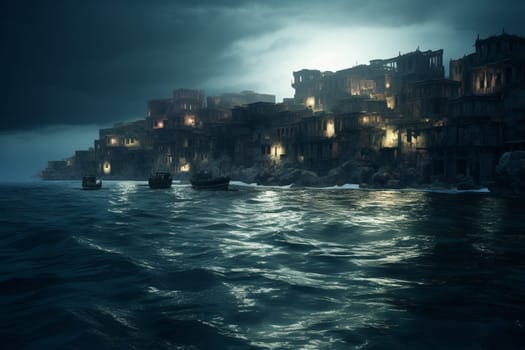 This city was built on the ocean and like its origin from the ruins of an ancient civilization it has a mysterious and moody atmosphere. The photorealistic style of this black and white scene, featuring dramatic lighting and sharp focus, adds a sense of rawness and grandeur to its haunting appearance. (generative AI)