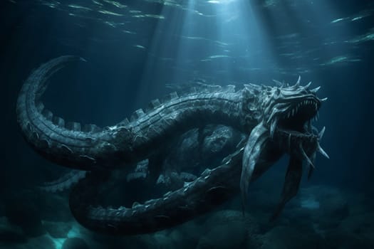 The colossal sea serpent slithers through the dark depths of the ocean, its otherworldly form illuminated by bioluminescent creatures. The scene is both eerie and magical, evoking a sense of mystery and wonder. (generative AI)