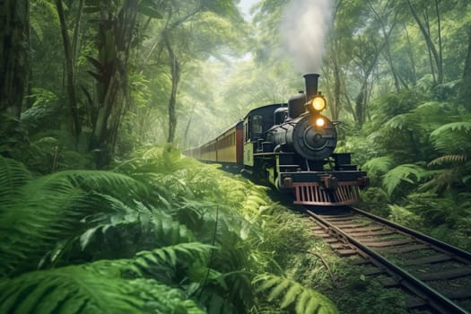 A historic steam train chugs along a meandering track through a verdant forest, its old-fashioned design and comforting rhythm exuding a sense of nostalgia and comfort. The train's whistle echoes through the trees as it makes its way through the peaceful countryside. (generative AI)