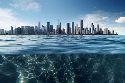 This coastal city, built on the ocean, features towering skyscrapers that are beautifully reflected in the crystal-clear water below. The dynamic angle and photorealistic style capture the high contrast and clear reflections of this stunning cityscape. (generative AI)