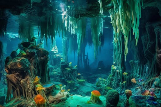 Enter into a fantastical landscape of underwater stalactites and stalagmites, a place where ancient mysteries still remain hidden. The photorealistic rendering captures the vibrant colors of this underwater wonderland, while the fantasy theme adds to the enchanting atmosphere. (generative AI)