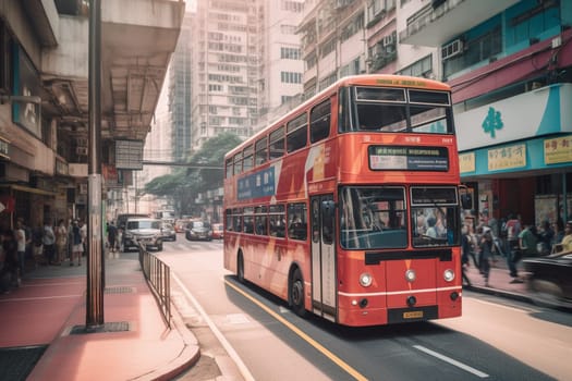 An iconic classic double-decker bus makes its way through a bustling city street, surrounded by towering buildings and the hustle and bustle of urban life. The vintage charm of the bus contrasts beautifully with the modern cityscape, creating a unique and memorable scene. (generative AI)
