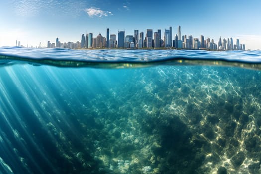 This coastal city, built on the ocean, features towering skyscrapers that are beautifully reflected in the crystal-clear water below. The dynamic angle and photorealistic style capture the high contrast and clear reflections of this stunning cityscape. (generative AI)