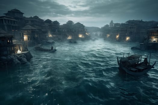 This city was built on the ocean and like its origin from the ruins of an ancient civilization it has a mysterious and moody atmosphere. The photorealistic style of this black and white scene, featuring dramatic lighting and sharp focus, adds a sense of rawness and grandeur to its haunting appearance. (generative AI)
