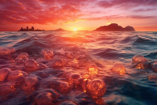 The pink and orange hues of the setting sun dominate this dream-like ocean landscape, making for a surreal and ethereal environment. Capturing this dream-like and mysterious scene with photorealistic quality in a high-quality photography piece. (generative AI)