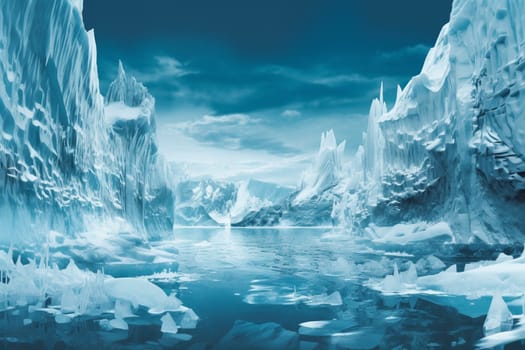 Brave the frigid waters of this starkly beautiful seascape, where towering icebergs and frozen waterfalls glitter in the sunlight. The air is thick with the sound of shifting ice and the crackle of frost crystals, creating a surreal and otherworldly frozen landscape. (generative AI)