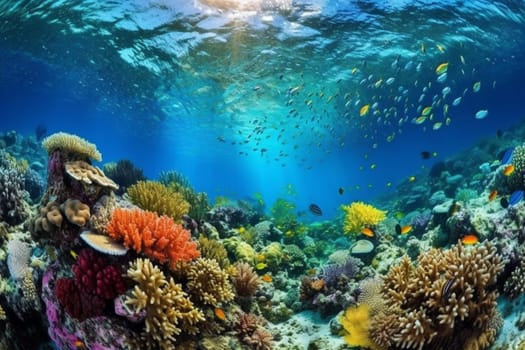 This fantastic underwater scene transports you into an incredible landscape of colorful coral formations that stretch as far as the eye can see. Schools of tropical fish dart in and out of the colorful reefs, adding to the vibrancy of this underwater world. With its sharp focus and high resolution, this scene is sure to take your breath away. (generative AI)