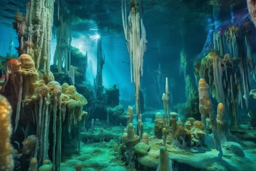 Enter into a fantastical landscape of underwater stalactites and stalagmites, a place where ancient mysteries still remain hidden. The photorealistic rendering captures the vibrant colors of this underwater wonderland, while the fantasy theme adds to the enchanting atmosphere. (generative AI)