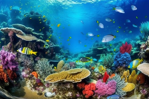 This fantastic underwater scene transports you into an incredible landscape of colorful coral formations that stretch as far as the eye can see. Schools of tropical fish dart in and out of the colorful reefs, adding to the vibrancy of this underwater world. With its sharp focus and high resolution, this scene is sure to take your breath away. (generative AI)