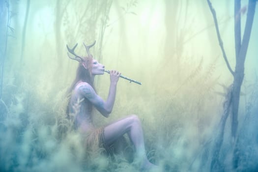 A faun is a mythical creature that is part human and part goat. This whimsical faun can be seen playing a flute in a serene meadow surrounded by mist, creating a dreamy and magical scene that evokes a sense of peace and tranquility. (generative AI)