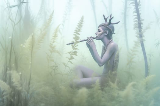 A faun is a mythical creature that is part human and part goat. This whimsical faun can be seen playing a flute in a serene meadow surrounded by mist, creating a dreamy and magical scene that evokes a sense of peace and tranquility. (generative AI)