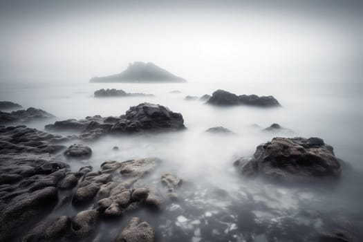 Sometimes, the ocean can seem like it exists in a dream world of its own. This scene captures that dreamy quality perfectly with its soft-focus and misty ambiance. A small, rocky island sits in the distance, adding a touch of mystery and intrigue. Rendered in stunning high resolution and monochrome tones, this is a scene that is both calming and captivating. (generative AI)