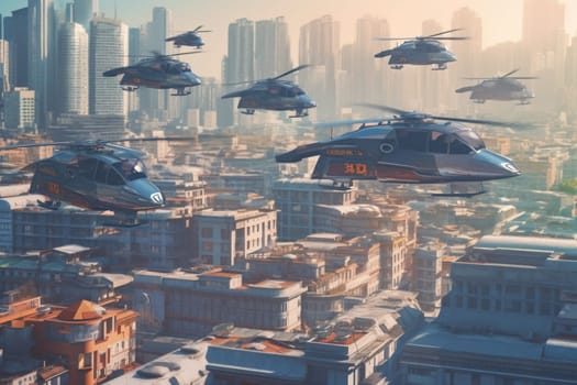 Flying cars soar through a sprawling cityscape of towering skyscrapers and bustling streets, showcasing the latest advancements in transportation technology. The cars' sleek, aerodynamic designs and sophisticated navigation systems ensure a safe and efficient journey through the urban jungle. (generative AI)