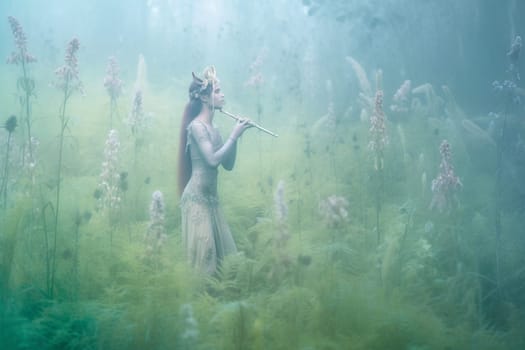 A faun is a mythical creature that is part human and part goat. This whimsical faun can be seen playing a flute in a serene meadow surrounded by mist, creating a dreamy and magical scene that evokes a sense of peace and tranquility. (generative AI)