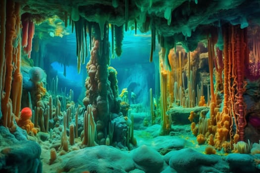 Enter into a fantastical landscape of underwater stalactites and stalagmites, a place where ancient mysteries still remain hidden. The photorealistic rendering captures the vibrant colors of this underwater wonderland, while the fantasy theme adds to the enchanting atmosphere. (generative AI)