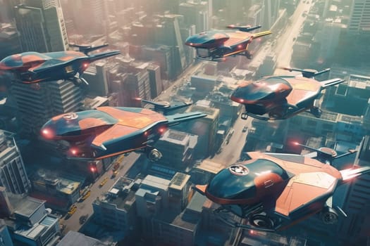 Flying cars soar through a sprawling cityscape of towering skyscrapers and bustling streets, showcasing the latest advancements in transportation technology. The cars' sleek, aerodynamic designs and sophisticated navigation systems ensure a safe and efficient journey through the urban jungle. (generative AI)