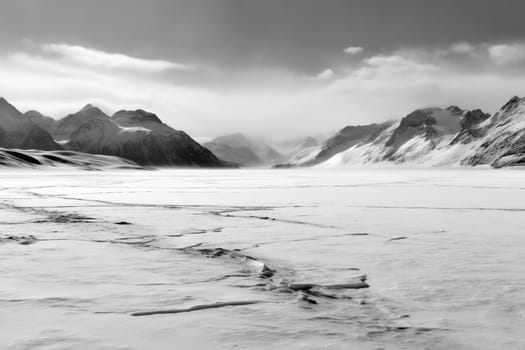 This frozen tundra seems both beautiful and desolate, with glaciers and snow-capped mountains stretching on as far as the eye can see. The wide-angle and minimalist black and white composition adds a sense of grandeur and the high contrast gives the impression of a land frozen in time. (generative AI)