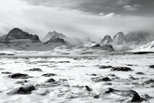 This frozen tundra seems both beautiful and desolate, with glaciers and snow-capped mountains stretching on as far as the eye can see. The wide-angle and minimalist black and white composition adds a sense of grandeur and the high contrast gives the impression of a land frozen in time. (generative AI)