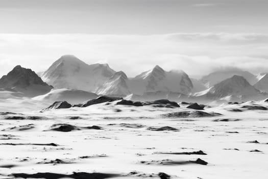 This frozen tundra seems both beautiful and desolate, with glaciers and snow-capped mountains stretching on as far as the eye can see. The wide-angle and minimalist black and white composition adds a sense of grandeur and the high contrast gives the impression of a land frozen in time. (generative AI)