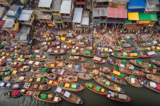 A photographer takes to the skies to capture the beauty of a floating city of boats. The scene is bustling and colorful, with markets and shops lining the waterfront and colorful architecture dotting the landscape. The photographer captures the panoramic vista of this floating city, with its unique landscape and photorealistic detail. (generative AI)