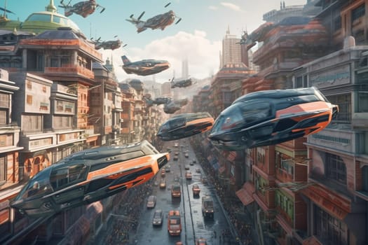 Flying cars soar through a sprawling cityscape of towering skyscrapers and bustling streets, showcasing the latest advancements in transportation technology. The cars' sleek, aerodynamic designs and sophisticated navigation systems ensure a safe and efficient journey through the urban jungle. (generative AI)