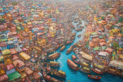A photographer takes to the skies to capture the beauty of a floating city of boats. The scene is bustling and colorful, with markets and shops lining the waterfront and colorful architecture dotting the landscape. The photographer captures the panoramic vista of this floating city, with its unique landscape and photorealistic detail. (generative AI)