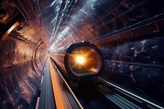 A sleek bullet train hurtles through a tunnel in space, transporting passengers to distant planets at lightning speeds. The train's streamlined design and cutting-edge technology allow it to travel faster than the speed of light. (generative AI)