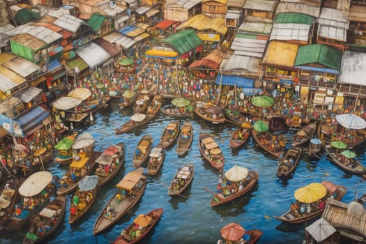 A photographer takes to the skies to capture the beauty of a floating city of boats. The scene is bustling and colorful, with markets and shops lining the waterfront and colorful architecture dotting the landscape. The photographer captures the panoramic vista of this floating city, with its unique landscape and photorealistic detail. (generative AI)