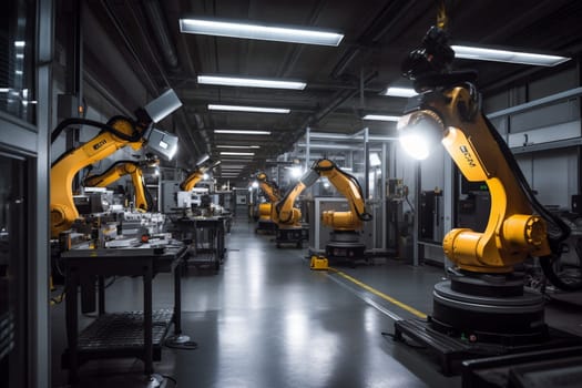 In a cutting-edge factory, advanced machines and skilled technicians work together to create the next generation of robots. The robotic arms move with precision and speed, as the technicians monitor and fine-tune their creations to push the boundaries of technology and innovation. (generative AI)