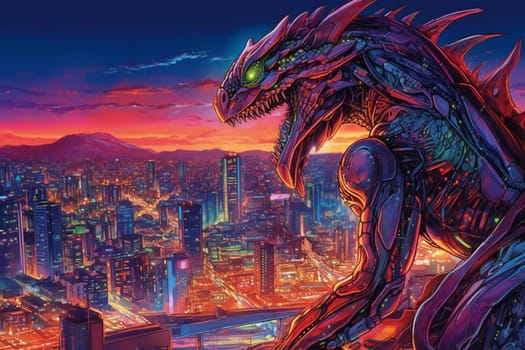 The cyborg dragon is a combination of organic and mechanical parts, creating a futuristic and powerful creature. This dragon can be seen overlooking a futuristic city skyline, creating a science fiction scene that is both surreal and captivating. (generative AI)