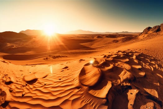 This surreal and alien landscape is on a desert planet, with towering sand dunes and a blazing sun setting in the distance. The high contrast and dramatic lighting of the scene are amplified by the warm tones and wide-angle composition, adding to its photorealistic appearance. (generative AI)