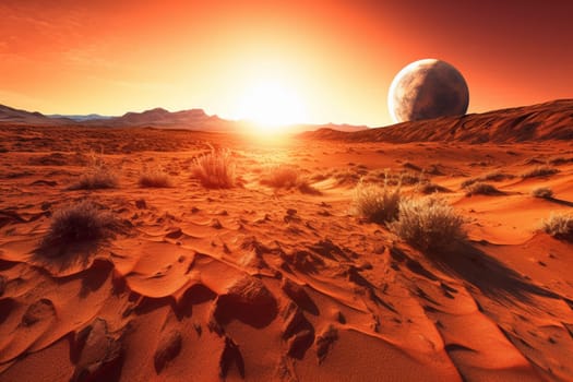 This surreal and alien landscape is on a desert planet, with towering sand dunes and a blazing sun setting in the distance. The high contrast and dramatic lighting of the scene are amplified by the warm tones and wide-angle composition, adding to its photorealistic appearance. (generative AI)