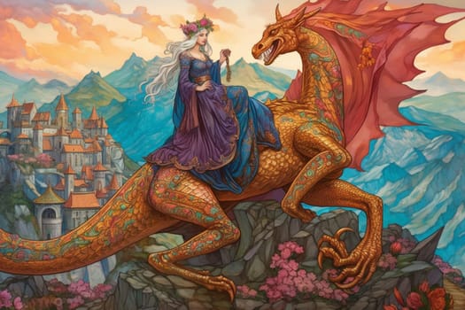 Dragons are legendary creatures that evoke a sense of power and majesty, inspiring awe and respect in their subjects. In this scene, a dragon queen reigns over her kingdom from a mountaintop castle, creating a vibrant and majestic ambiance that is both regal and cinematic. (generative AI)