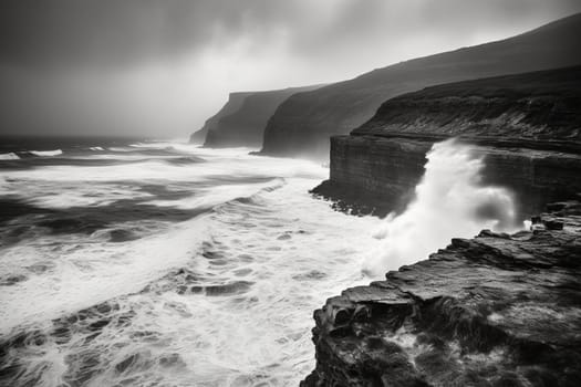 This stunning coastal landscape is both dramatic and moody. Sheer cliffs rise up out of the ocean, providing a stark contrast to the rugged coastline below. The powerful waves crash against the rocky shore, creating a sense of both stillness and motion. (generative AI)