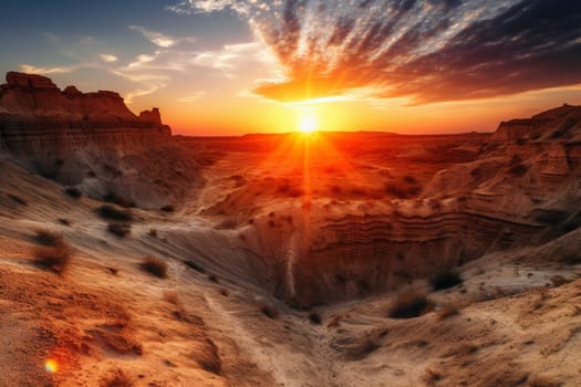 This dramatic desert landscape is a breathtaking sight to behold. The steep cliffs, sand dunes, and fiery sunset create a striking contrast that captures the essence of natural beauty. The panoramic view enables the viewer to feel as if they are truly immersed in the rugged landscape. (generative AI)