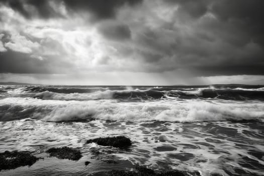 The stormy sea creates a dramatic and ominous scene, with dark clouds looming overhead and waves crashing against the shore. The lack of color accentuates the dramatic nature of the storm, making this black and white photo truly unforgettable. (generative AI)