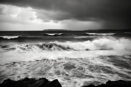 The stormy sea creates a dramatic and ominous scene, with dark clouds looming overhead and waves crashing against the shore. The lack of color accentuates the dramatic nature of the storm, making this black and white photo truly unforgettable. (generative AI)