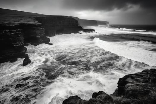 This stunning coastal landscape is both dramatic and moody. Sheer cliffs rise up out of the ocean, providing a stark contrast to the rugged coastline below. The powerful waves crash against the rocky shore, creating a sense of both stillness and motion. (generative AI)