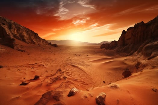 This dramatic desert landscape is a breathtaking sight to behold. The steep cliffs, sand dunes, and fiery sunset create a striking contrast that captures the essence of natural beauty. The panoramic view enables the viewer to feel as if they are truly immersed in the rugged landscape. (generative AI)