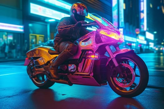 A high-speed electric motorbike races through neon-lit city streets at night, making hairpin turns and weaving through traffic with ease. Its futuristic design and advanced technology make it the ultimate in eco-friendly transportation. (generative AI)