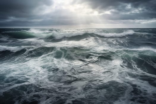 The ocean can be a fearsome and dramatic place, and this scene captures its stormy, turbulent nature perfectly. The sky is dark and foreboding, while the waves leap and crash against each other with immense power. With its sharp focus and high resolution, this scene is a masterful example of photorealistic art. (generative AI)