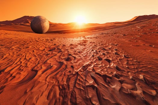 This surreal and alien landscape is on a desert planet, with towering sand dunes and a blazing sun setting in the distance. The high contrast and dramatic lighting of the scene are amplified by the warm tones and wide-angle composition, adding to its photorealistic appearance. (generative AI)